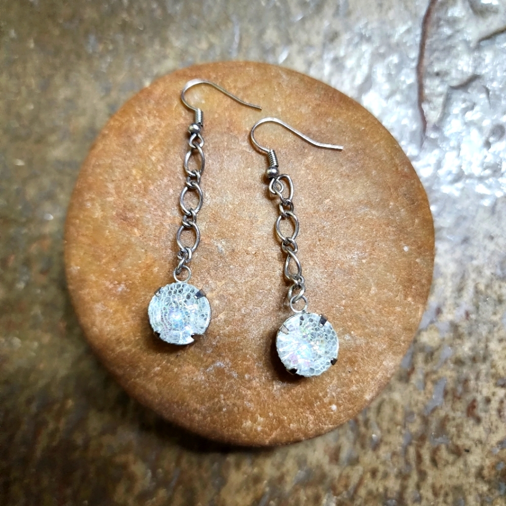 Vintage Y2k Icy Crackled Iridescent Dangle Earrings Silver